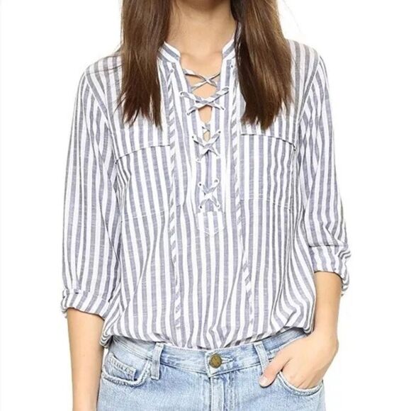 Madewell Blue Striped Terrace Lace UP Blouse top Size Medium - Picture 1 of 7